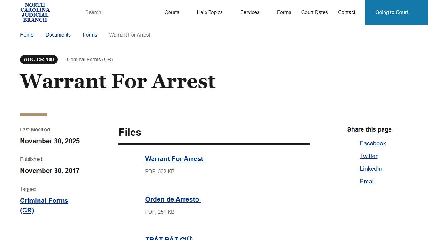Warrant For Arrest | North Carolina Judicial Branch